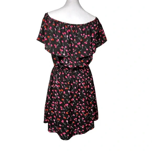 Dress Black w/ Red Cherries Flounce Top Elastic Waist Size M like … - Picture 3 of 11